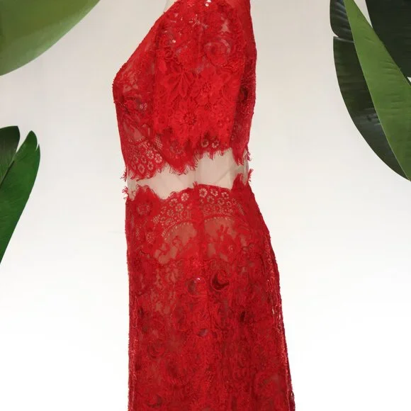 Marchessa Notte Red Diane Dress, Red Beaded Lace, Size 0 - Picture 10 of 15